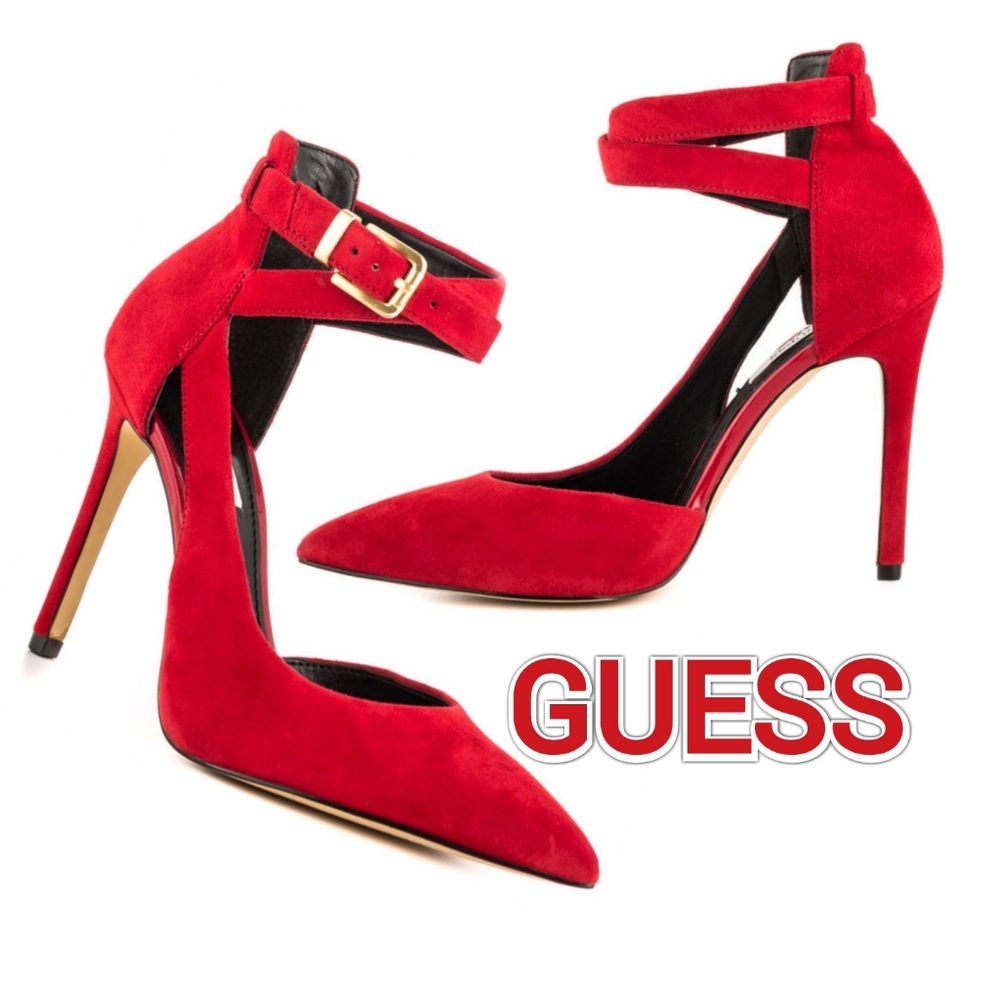 Guess❤Ambelu Ankle Straps Red Suede pointed Toe Pump Stiletto Heels